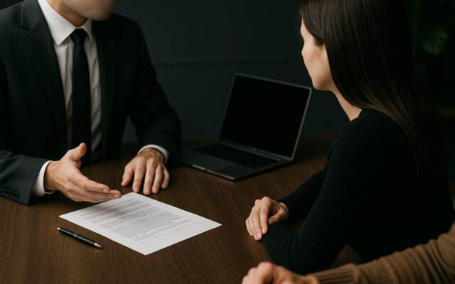 Zwei Personen, die miteinander sprechen und einen Vertrag auf dem Schreibtisch zwischen sich liegen haben.