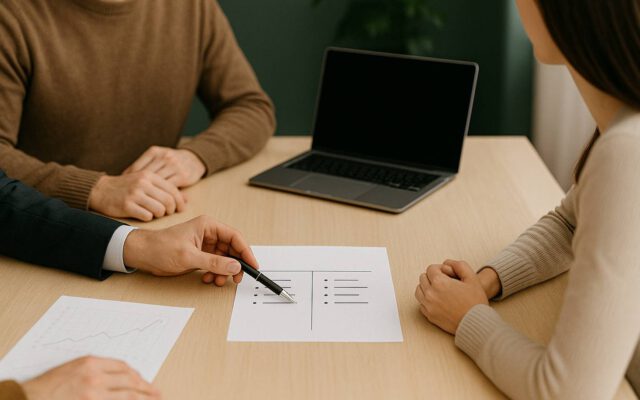 Mehrere Personen, die an einem Schreibtisch sitzen und etwas auf Papier planen.